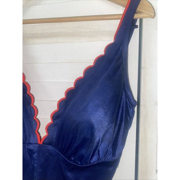 Vintage 1970 DeWeese Design Navy W/ Red Trim One Piece Swimsuit Sz 16 USA Made - Picture 2 of 12